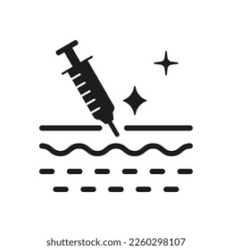 Skin Injection Silhouette Icon. Syringe and Structure of Skin Glyph Pictogram. Medical, Dermatology Treatment Vaccine, Filler, Hyaluronic Acid Icon. Isolated Vector Illustration.