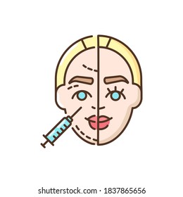 Skin injections RGB color icon. Subcutaneous and whitening injections. Anti aging and wrinkle. Injectable dermal fillers. Beautician and cosmetologist services. Isolated vector illustration