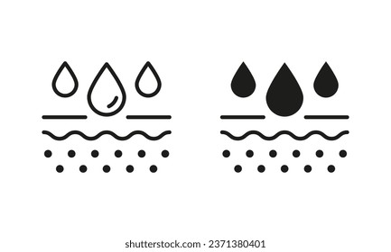 Skin Layer Absorb Water Drop Line and Silhouette Black Icon Set. Moisture Skin Pictogram. Anti Dry Skincare, Moisturizing Face and Body Skin Symbol Collection. Isolated Vector Illustration.