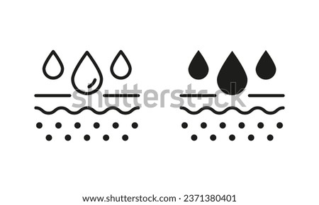 Skin Layer Absorb Water Drop Line and Silhouette Black Icon Set. Moisture Skin Pictogram. Anti Dry Skincare, Moisturizing Face and Body Skin Symbol Collection. Isolated Vector Illustration.