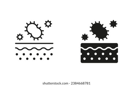 Capa de piel con colección de símbolos de flora de microbios. Bacterias en Pictograma de la piel. Microorganismos en la línea de estructura dermis y conjunto de iconos negros de silueta. Ilustración de vectores aislados.