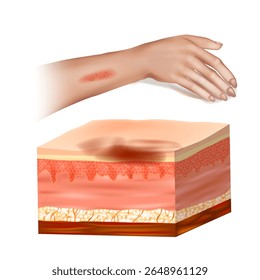 Skin Lesion Cross-Section with Infected Tissue on Human Arm. Medical Illustration of Skin Infection and Subcutaneous Inflammation