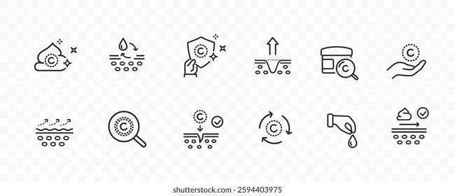 Skin line icon set isolated on transparent background. Care, collagen, cream search signs. Vector outline stroke symbols for medical cosmetic design