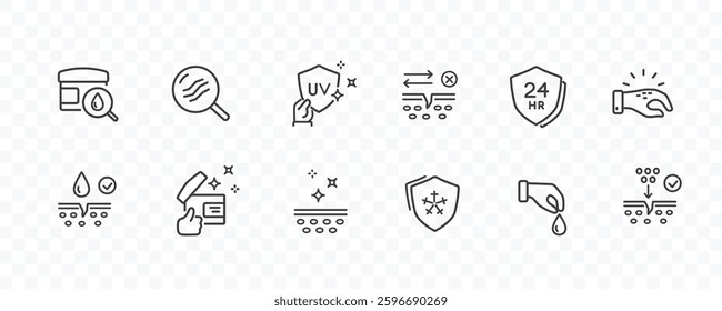 Skin line icon set isolated on transparent background. Care, collagen and cream search signs. Vector outline stroke symbols for medical cosmetic design