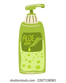 Skin lotion with aloe vera. Natural cosmetics for face and body. Aloe vera plant pieces. Products, printing and web. Vector cartoon illustration isolated on the white background.