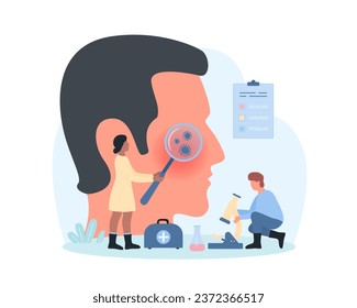 Skin microbiome research, dermatology vector illustration. Cartoon tiny people with magnifying glass, microscope check bad bacteria cells on mans face epidermis, facial microflora of dirty human skin