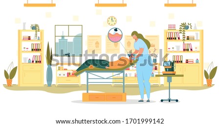 Skin Microdermabrasion Flat Cartoon Vector Illustration. Cleansing Dead Cells from Face. Woman Lying on Couch in Special Glasses and Cap in a reclining position. Beautician with Equipment.
