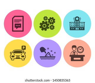 Skin moisture, Cogwheel and Hospital building icons simple set. Comments, Parking and Presentation time signs. Wet cream, Engineering tool. Flat skin moisture icon. Circle button. Vector