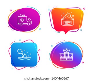 Skin moisture, Skin cream and Ambulance car icons simple set. Hospital building sign. Wet cream, Medical cosmetic, Emergency transport. Medical help. Healthcare set. Speech bubble skin moisture icon