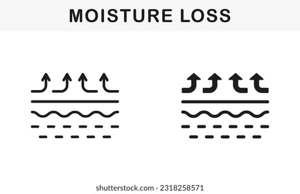 Skin Moisture Evaporation Line and Silhouette Black Icon Set. Skin Loss Water Pictogram. Skin Structure and Arrows Up Moisture Wicking Process, Skin Odor Symbol Collection. Vector Illustration.