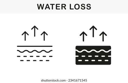 Skin Moisture Evaporation Line and Silhouette Black Icon Set. Skin Structure and Arrows Up Moisture Wicking Process Symbol Collection. Skin Water Loss Pictogram. Isolated Vector Illustration.