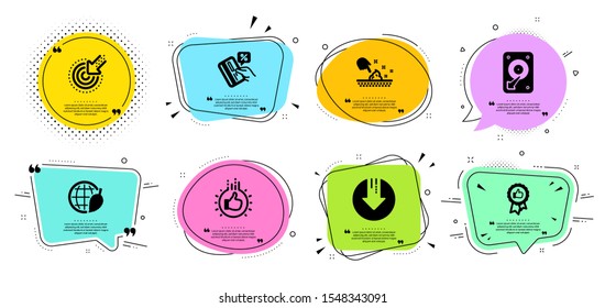 Skin moisture, Hdd and Credit card line icons set. Chat bubbles with quotes. Download arrow, Environment day and Like hand signs. Positive feedback, Targeting symbols. Wet cream, Hard disk. Vector