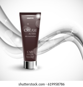 Skin moisturizer cosmetic ads template with brown realistic package on wavy gray soft transparent lines background. Vector illustration