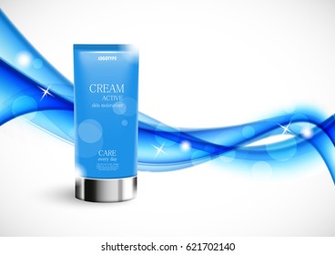 Skin moisturizer cosmetic ads template with blue realistic bottle on wavy soft starry transparent dynamic lines background. Vector illustration