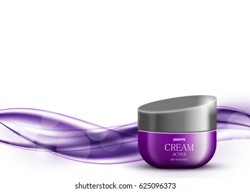 Skin moisturizer cosmetic ads template with purple realistic container on wavy soft curved bright lines background. Vector illustration