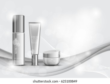 Skin moisturizer cosmetic ads template with gray realistic packages and containers on shiny wavy dynamic light lines background. Vector illustration