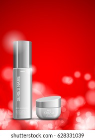 Skin moisturizer cosmetic ads template with gray realistic packages on bright red blurred background. Vector illustration
