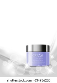 Skin moisturizer cosmetic ads template with purple realistic packages on gray light wavy soft shiny lines background. Vector illustration