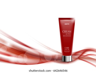 Skin moisturizer cosmetic ads template with red realistic plastic package on light wavy dynamic curved soft smooth lines background. Vector illustration