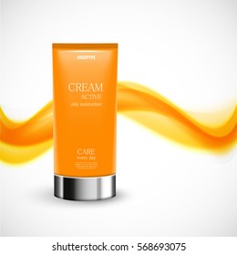 Skin moisturizer cosmetic design template with orange realistic bottle on wavy soft light dynamic lines background. Vector illustration