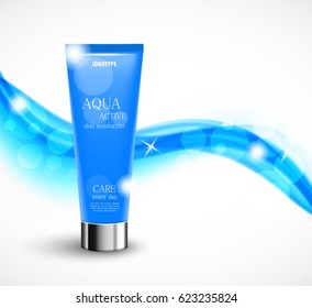 Skin moisturizer cosmetic design template with blue realistic bottle on wavy transparent soft dynamic light starry lines background. Vector illustration