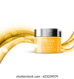 Skin moisturizer cosmetic design template with golden realistic bottle on wavy elegant soft light lines background. Vector illustration