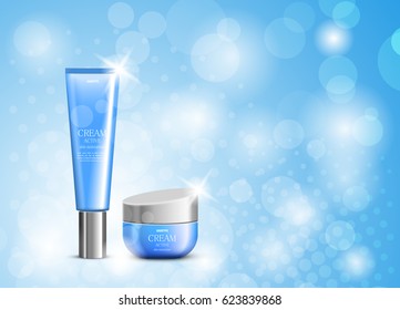 Skin moisturizer cosmetic design template with blue realistic packages on bright blurred and halftone background. Vector illustration