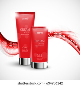 Skin moisturizer cosmetic design template with two red realistic bottles on soft wavy curved elegant shiny lines background. Vector illustration