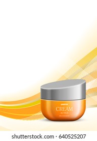 Skin moisturizer cosmetic design template with orange realistic container on wavy bright dynamic smooth lines background. Vector illustration