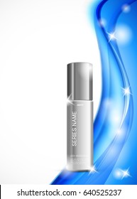 Skin moisturizer cosmetic design template with gray realistic package on blue wavy elegant soft shiny lines background. Vector illustration