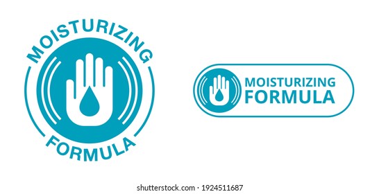 Emblema circular de la fórmula hidratante de la piel - marca cosmética antiedad y antiarrugas - caída de agua y mano - icono de protección de la piel vectorial . Ilustración del vector