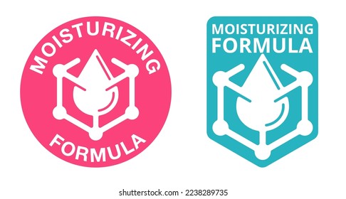 Skin moisturizing formula stickers - anti-age and anti wrinkles cosmetics marking - water drop locked inside molecular structure - vector skincare icon . Vector illustration