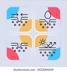 Icono de línea de conjunto hidratante de piel. Cosméticos naturales coreanos, protección antiedad, crema, pomada, gel, máscara. Estilo de glasmorfismo. Icono de línea de vector para negocios y publicidad