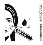 Skin moisturizing tester - analyzer device for monitoring of water and oil level of skin. Illustration in monochrome style with woman face