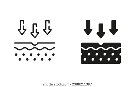 Skin Nutrition Concept. Penetration of UV Ray to Skin Symbol Collection. Skin Absorption Line and Silhouette Black Icon Set. Arrow Down to Skin Layer Pictogram. Isolated Vector Illustration.