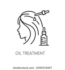 Skin oil treatment and hair care outline icon. Spa or beauty salon product, hair health cosmetics outline vector symbol with woman applying oil treatment to hair with dropper