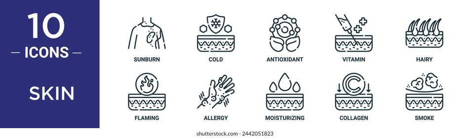 skin outline icon set includes thin line sunburn, cold, antioxidant, vitamin, hairy, flaming, allergy icons for report, presentation, diagram, web design