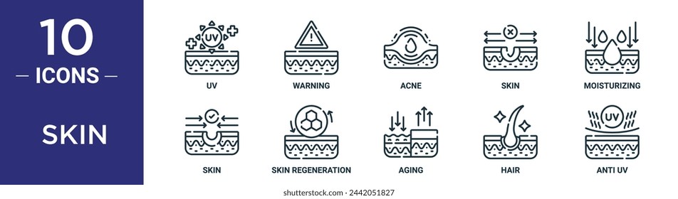 el conjunto de iconos de contorno de piel incluye uv de línea fina, advertencia, acné, piel, hidratante, piel, iconos de regeneración para informe, presentación, diagrama, diseño web