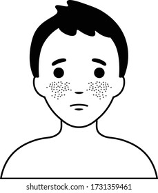 Hautprobleme. Allergische Hautausschläge. Minimale Linie Kunst Cartoon von Jungen mit allergischen Ausschlägen auf seinem Gesicht.