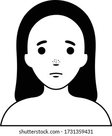 Skin Problem. Black heads. Minimal line art cartoon of girl with black heads on her nose.
