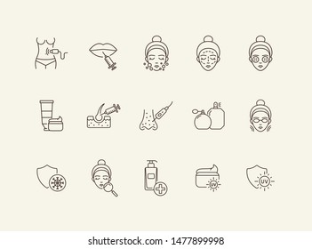 Skin problem line icon set. Woman, face, uv cream, peeling, injection Skin care concept. Can be used for topics like beauty salon, cosmetologist, acne