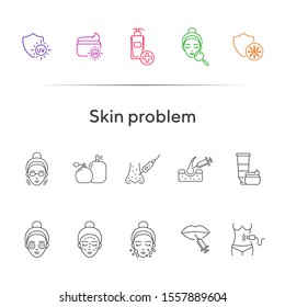 Skin Problem Line Icon Set. Woman, Face, Uv Cream, Peeling, Injection Skin Care Concept. Can Be Used For Topics Like Beauty Salon, Cosmetologist, Acne