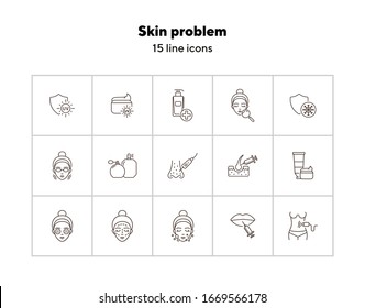 Skin problem line icon set. Woman, face, uv cream, peeling, injection Skin care concept. Can be used for topics like beauty salon, cosmetologist, acne