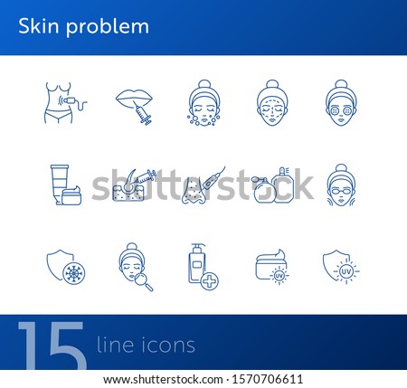 Skin problem line icon set. Woman, face, uv cream, peeling, injection Skin care concept. Can be used for topics like beauty salon, cosmetologist, acne