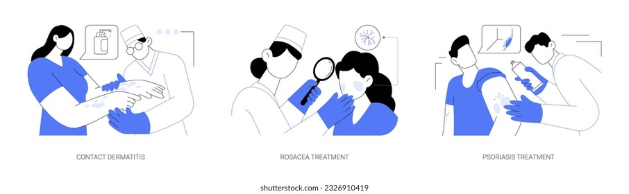 Skin problems abstract concept vector illustration set. Contact dermatitis, rosacea treatment, psoriasis diagnosis, pigmentation and facial problems, itchy rash, eczema ointment abstract metaphor.