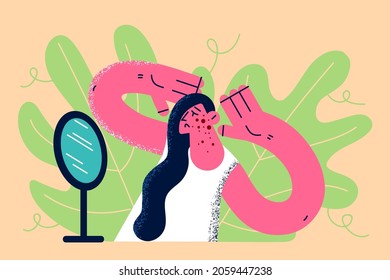 Skin problems and acne concept. Young stressed sad woman looking at her face in mirror feeling negative with acne and pimples vector illustration