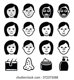 Skin problems - acne, spots treatment icons set 