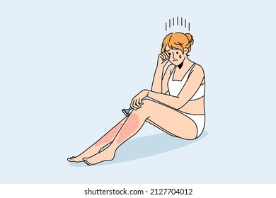 Skin problems after shaving concept. Young crying female sitting with red sore legs having problems with shaving vector illustration 