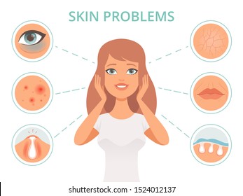 Skin problems. Beauty woman scrub care face infection darkness scrubs oily face cleanse vector symbols