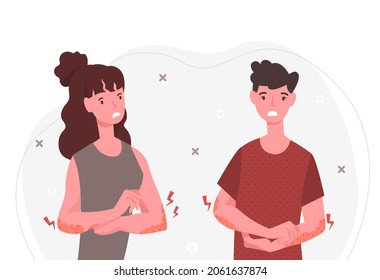 Skin problems concept. Man and girl have itchy hands. Illness, embarrassment. Characters have allergies, eczema, acne, dermatic. Cartoon flat vector illustration isolated on white background